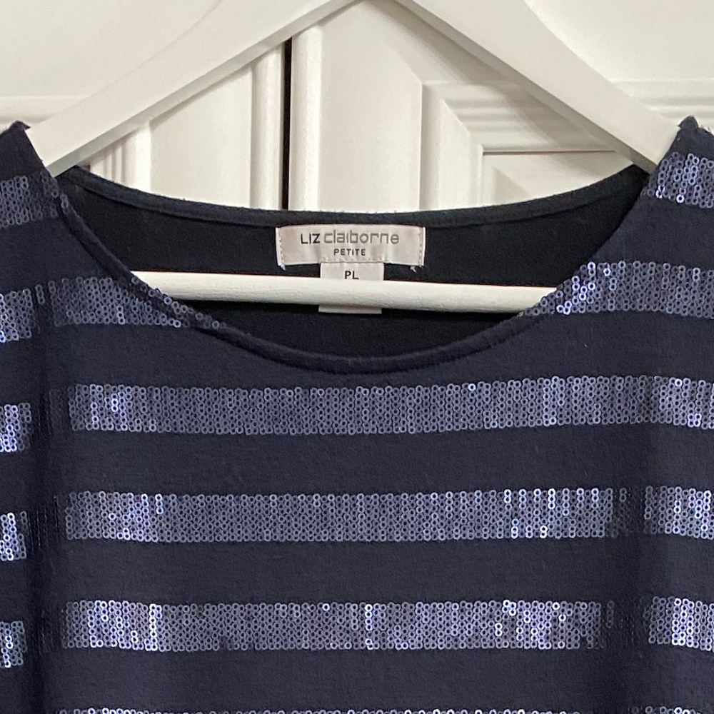 Liz Claiborne Women’s Petite Large Navy Scoop Neck Knit Shirt with Sequin Bands - Picture 2 of 10